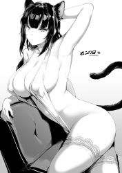 Rule 34 | 1girl, absurdres, animal ears, arm up, armpits, black hair, breasts, cat day, cat tail, cleavage, closed mouth, frilled thighhighs, frills, greyscale, highres, large breasts, long hair, looking at viewer, lynus, monochrome, naoko (lynus), original, simple background, slingshot swimsuit, swimsuit, tail, thighhighs, white background