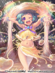 Rule 34 | 1girl, ;d, bad id, bad pixiv id, blue hair, blush, bow, brooch, crop top, jewelry, crossed legs, midriff, navel, one eye closed, open mouth, original, outstretched arms, outstretched hand, piro (artist), piro (orip), purple eyes, rainbow, short hair, skirt, smile, solo, standing, teikoku senki, wink