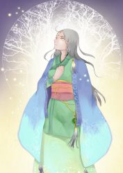 Rule 34 | 1girl, didiyan, facial mark, forehead mark, gradient background, grey hair, highres, japanese clothes, kimono, multicolored background, original, solo, yellow eyes