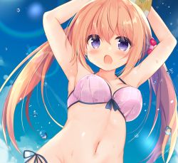 Rule 34 | 1girl, :o, armpits, arms up, bare arms, bare shoulders, bikini, blue sky, blush, breasts, brown hair, cloud, collarbone, commentary request, day, groin, hair between eyes, kujou danbo, long hair, looking at viewer, medium breasts, navel, open mouth, original, outdoors, pink bikini, purple eyes, side-tie bikini bottom, sidelocks, sky, solo, swimsuit, twintails, upper body, very long hair, water drop