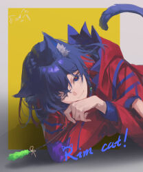 Rule 34 | 1girl, absurdres, animal ear fluff, animal ears, blue eyes, blue hair, blue jacket, border, braid, cat ears, cat tail, cat teaser, character name, chibi, chibi inset, closed mouth, colored inner hair, commentary, crossed arms, crossed bangs, english text, head down, head rest, highres, hood, hood down, hooded jacket, jacket, kamitsubaki studio, kemonomimi mode, long sleeves, looking at viewer, lying, medium hair, multicolored clothes, multicolored eyes, multicolored hair, multicolored jacket, on stomach, one eye closed, outside border, red eyes, red hair, red jacket, rim (kamitsubaki studio), shadow, side braid, smile, solo, tail, two-tone jacket, upper body, virtual youtuber, walluka, white border, yellow background, yellow pupils