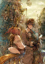 Rule 34 | 1boy, 1girl, absurdres, aircraft, airship, ascot, belt, black gloves, blue eyes, book, brown hair, brown hat, clock, cloud, crane (machine), facing away, gears, gloves, goggles, goggles on headwear, hand fan, hat, highres, leg belt, looking at viewer, on railing, open mouth, original, outdoors, pocket, pouch, railing, remon (10112), scroll, shorts, sitting, sky, standing, steampunk, twintails, yellow sky