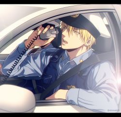 Rule 34 | 1boy, blonde hair, blue shirt, bulletproof vest, buttons, car, collared shirt, commentary request, dress shirt, earrings, from side, hair between eyes, hand up, hat, holding, jewelry, kise ryouta, kuroko no basuke, lens flare, letterboxed, long sleeves, looking to the side, male focus, mashima shima, motor vehicle, open mouth, police, police car, police hat, police uniform, policeman, rear-view mirror, shirt, short hair, solo, teeth, twitter username, uniform, yellow eyes