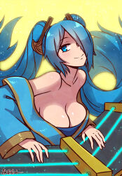 Rule 34 | 1girl, akairiot, bare shoulders, blue eyes, blue hair, breasts, cleavage, closed mouth, commentary, dress, english commentary, floating hair, hair over one eye, highres, instrument, large breasts, league of legends, long hair, off-shoulder dress, off shoulder, smile, solo, sona (league of legends), twintails, very long hair, yellow background