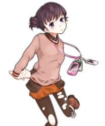 Rule 34 | 1girl, arms behind back, black hair, black thighhighs, boots, breasts, brown footwear, cellphone, child, commentary request, doughnut hair bun, foot out of frame, hair bun, handheld game console, head tilt, highres, jewelry, kihara enshuu, light blush, long sleeves, looking at viewer, medium breasts, miniskirt, necklace, orange skirt, parted lips, phone, pink sweater, purple eyes, shin (highest1192), simple background, skirt, smartphone, solo, standing, standing on one leg, sweater, thighhighs, toaru majutsu no index, toaru majutsu no index: new testament, torn clothes, torn thighhighs, white background