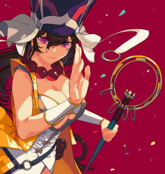 Rule 34 | 1girl, bead necklace, beads, bikini, bikini top only, breasts, bridal gauntlets, cleavage, closed mouth, earrings, fate/grand order, fate (series), gourd, hair between eyes, hand up, hat, headpiece, holding, holding staff, hoop earrings, jewelry, large breasts, necklace, pink eyes, prayer beads, red background, solo, staff, standing, sungwon, swimsuit, white bikini, xuangzang sanzang (fate)
