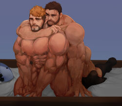 Rule 34 | 2boys, abs, absurdres, anal, arm hair, arms around neck, bara, beard, bighaozi, black socks, blonde hair, chris redfield, commission, completely nude, crossover, facial hair, final fantasy, final fantasy xiv, florid (blade florid), highres, kneeling, large pectorals, male focus, male penetrated, mature male, multicolored hair, multiple boys, muscular, muscular male, mustache, nipples, nude, on bed, original, pectorals, resident evil, roegadyn, second-party source, sex, sex from behind, short hair, smile, socks, stomach, stuffed animal, stuffed shark, stuffed toy, sweat, thick eyebrows, torogao, two-tone hair, warrior of light (ff14), yaoi