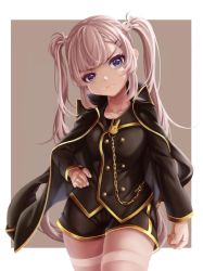 Rule 34 | angry, rabbit hair ornament, hair ornament, highres, jacket, jacket on shoulders, looking at viewer, maplestory, mole, mole under eye, orchid (maplestory), pantyhose, purple eyes, silver hair, solo, thighhighs, twintails, two side up