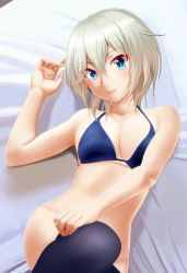 Rule 34 | 10s, anastasia (idolmaster), bare arms, bare shoulders, bed sheet, blue bra, blue eyes, blue leotard, blue thighhighs, bottomless, bra, breasts, cleavage, collarbone, commentary request, cowboy shot, eyes visible through hair, groin, hair between eyes, halterneck, hand on own thigh, head tilt, highres, idolmaster, idolmaster cinderella girls, indoors, leg lift, leotard, light smile, lips, looking at viewer, lying, medium breasts, no panties, on back, parted bangs, parted lips, short hair, silver hair, solo, striped clothes, striped thighhighs, taka (takahirokun), thighhighs, underwear, underwear only, vertical-striped clothes, vertical-striped thighhighs