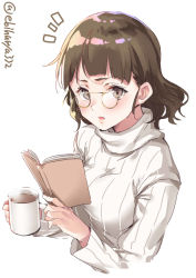 Rule 34 | 1girl, alternate costume, blush, book, breasts, brown eyes, brown hair, cup, ebifurya, eyewear strap, glasses, highres, kantai collection, large breasts, looking at viewer, open mouth, pince-nez, roma (kancolle), simple background, solo, sweater, twitter username, wavy hair, white background, white sweater