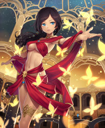 Rule 34 | 1girl, armlet, armpits, bangle, bare shoulders, belly dancer, black hair, blue eyes, bracelet, breasts, bug, butterfly, choker, cleavage, dancer, dark-skinned female, dark skin, earrings, gold, hair tubes, harem outfit, insect, jewelry, k+, large breasts, lips, long hair, lots of jewelry, midriff, naked ribbon, navel, original, outstretched arms, ribbon, solo, spread arms, standing, thighlet, underboob