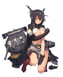 Rule 34 | 10s, 1girl, black hair, boots, breasts, covering breasts, covering privates, damaged, fingerless gloves, full body, gloves, hair between eyes, hand on leg, headgear, kantai collection, kikumon, large breasts, long hair, looking at viewer, nagato (kancolle), nagato kai ni (kancolle), official art, on one knee, pleated skirt, red eyes, red footwear, rigging, rudder footwear, shizuma yoshinori, skirt, solo, striped clothes, striped footwear, striped skirt, thigh boots, thighhighs, torn clothes, transparent background, turret, underboob, white skirt