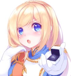 Rule 34 | &gt;:o, 1girl, :o, aiguillette, blonde hair, blue eyes, blush, braid, crown braid, epaulettes, eyebrows, eyelashes, gloves, hand in own hair, jewelry, long hair, looking at viewer, military, military uniform, open mouth, portrait, prinz luzifer, richelieu (warship girls r), ring, ring box, sash, solo, uniform, v-shaped eyebrows, warship girls r, wedding band, white background, white gloves