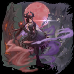 Rule 34 | 1girl, absurdres, aura, bare shoulders, black choker, black dress, brown hair, castle, choker, closed mouth, dress, energy, energy ball, glowing, high heels, highres, horns, lens flare, long hair, magic, moon, multiple horns, open hands, original, pointy ears, red eyes, red moon, slit pupils, solo, standing, zhuang yu pizza