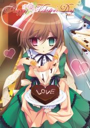 Rule 34 | 00s, 1girl, apron, brown hair, chocolate, dress, frills, gift, green eyes, hairband, happy valentine, heart, heterochromia, highres, holding, holding gift, incoming gift, long hair, red eyes, room603, rozen maiden, solo, suiseiseki, valentine, very long hair