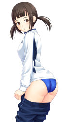 Rule 34 | 1girl, asics, ass, brown eyes, brown hair, clothes pull, competition swimsuit, jacket, kuri (kurigohan), one-piece swimsuit, pants, pants pull, pulling own clothes, short hair, solo, swimsuit, swimsuit under clothes, track jacket, track pants, track suit, twintails, undressing