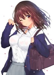 Rule 34 | 1girl, bad id, bad twitter id, bag, blush, bra, bra visible through clothes, breasts, brown eyes, brown hair, cardigan, collared shirt, commentary request, large breasts, looking at viewer, mataro (matarou), one eye closed, original, pink bra, pleated skirt, school bag, see-through, shirt, short hair, simple background, skirt, sleeves past wrists, solo, underwear, white background, white shirt, wind