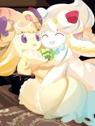 Rule 34 | 2girls, ^ ^, alcremie, alcremie (lemon cream), alcremie (ribbon sweet), alcremie (salted cream), alcremie (strawberry sweet), berry (pokemon), blonde hair, blue hair, blush, blush stickers, bow, brown background, closed eyes, colored sclera, colored skin, cream, creatures (company), durin berry, female focus, food, food-themed hair ornament, fruit, game freak, gen 8 pokemon, hair bow, hair ornament, happy, highres, hug, idkuroi, kebia berry, long hair, multicolored hair, multiple girls, nintendo, open mouth, peach, peach hair ornament, pokemon, pokemon (creature), purple bow, purple eyes, purple sclera, smile, strawberry, strawberry hair ornament, streaked hair, two-tone hair, white hair, white skin, yellow skin