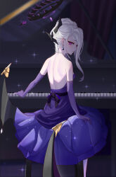 Rule 34 | 1girl, absurdres, bare back, bare shoulders, bfs1557897975, blue archive, blurry, commentary request, dangle earrings, demon girl, demon horns, demon wings, depth of field, dress, earrings, elbow gloves, evening gown, from behind, gloves, grand piano, halo, head tilt, highres, hina (blue archive), hina (dress) (blue archive), horns, instrument, jewelry, long hair, looking at viewer, looking back, necklace, official alternate costume, official alternate hairstyle, on bench, parted bangs, pearl necklace, piano, piano bench, piano keys, ponytail, print dress, purple dress, purple eyes, purple gloves, shoulder blades, sidelocks, sitting, solo, strapless, strapless dress, wavy hair, white hair, wings