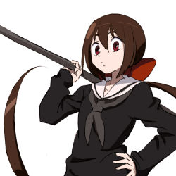 Rule 34 | 1girl, black serafuku, breasts, brown hair, closed mouth, collarbone, commentary request, grey neckerchief, hair between eyes, hair ribbon, hand on own hip, holding, holding weapon, koto (kyousougiga), kyousougiga, long hair, long sleeves, looking at viewer, neckerchief, o3o, over shoulder, ponytail, puckered lips, red eyes, red ribbon, ribbon, sailor collar, school uniform, serafuku, simple background, small breasts, solo, standing, tonmoh, upper body, very long hair, weapon, weapon over shoulder, white background, white sailor collar