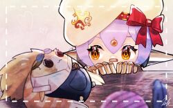 Rule 34 | 1girl, beret, bow, character doll, commentary request, dotted line, eyebrows hidden by hair, grey background, hair between eyes, hands up, hat, hat bow, heart, highres, kyosuke1413koba, orange eyes, peeking out, poppi (xenoblade), purple hair, red bow, signature, simple background, solo, tora (xenoblade 2), white hat, xenoblade chronicles (series), xenoblade chronicles 2