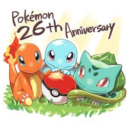 Rule 34 | animal focus, anniversary, blue eyes, border, bulbasaur, charmander, claws, closed mouth, copyright name, creatures (company), english text, fire, flame-tipped tail, full body, game freak, gen 1 pokemon, grass, happy, highres, looking at viewer, nintendo, no humans, outdoors, poke ball, poke ball (basic), pokemon, pokemon (creature), pon (ponymmtknsk), purple eyes, red eyes, sitting, smile, squirtle, starter pokemon trio, white border