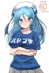 Rule 34 | 1girl, akizuki shigure, alternate costume, blue eyes, blue hair, blue shirt, blush, breasts, clothes writing, crossed arms, dated, double bun, grey skirt, hair between eyes, hair bun, hat, highres, kantai collection, long hair, looking at viewer, medium breasts, nervous smile, nose blush, one-hour drawing challenge, shirt, shitty t-shirt naval base, short sleeves, simple background, skirt, smile, solo, sweat, translation request, twitter username, urakaze (kancolle), white background, white hat