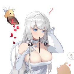 Rule 34 | 1girl, ?, absurdres, azur lane, bare shoulders, bird, blue eyes, breasts, cleavage, collar, commentary, dress, elbow gloves, gloves, heart, highres, illustrious (azur lane), large breasts, long hair, looking at viewer, manjuu (azur lane), no headwear, petals, qiyueban, rose petals, simple background, solo, strapless, strapless dress, upper body, very long hair, white background, white dress, white gloves, white hair