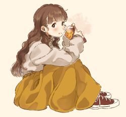 Rule 34 | 1girl, absurdres, beige background, blush, brown eyes, brown hair, commentary request, eating, food, food on face, from side, grey shirt, highres, holding, holding food, kana (okitasougo222), knees up, long hair, long skirt, long sleeves, looking at viewer, original, peeling, roasted sweet potato, shirt, shoes, sitting, skirt, smile, sneakers, solo, steam, sweater, sweet potato, wavy hair, yellow skirt
