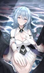 Rule 34 | 1girl, azur lane, bare shoulders, black wings, blue hair, blush, closed mouth, commander (azur lane), commission, dress, feathered wings, hand on own chest, happy tears, highres, holding hands, long hair, looking at viewer, purple eyes, rodney (azur lane), rodney (meta) (azur lane), skeb commission, smile, suyosuyo, tears, water, white dress, wings