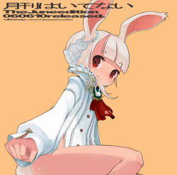 Rule 34 | 1girl, animal ears, bottomless, clenched hand, collar, fashion, frilled collar, frilled shirt collar, frills, from below, lace, light smile, long sleeves, looking at viewer, mota, no pants, rabbit ears, red eyes, short hair, solo, tail, white hair