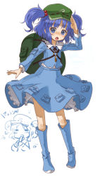 Rule 34 | 1girl, = =, backpack, bag, blue eyes, blue hair, blush, boots, female focus, full body, hair bobbles, hair ornament, hat, kawashiro nitori, key, kingin, matching hair/eyes, open mouth, petticoat, randoseru, rubber boots, salute, short hair, simple background, solo, standing, touhou, twintails, two side up