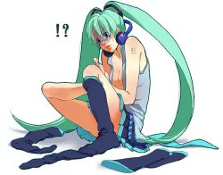 Rule 34 | !?, 1girl, bad id, bad pixiv id, barefoot, feet, hatsune miku, headphones, holding own foot, kawai makoto, legs, lips, long hair, nita, open clothes, open shirt, shaded face, shirt, simple background, single sock, sock pull, socks, solo, sweat, thighhighs, twintails, undressing, very long hair, vocaloid
