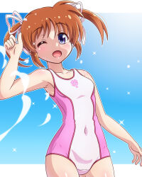 Rule 34 | 1girl, bare shoulders, blue eyes, breasts, brown hair, covered navel, female focus, highres, lyrical nanoha, one eye closed, open mouth, school swimsuit, small breasts, swimsuit, takamachi nanoha, twintails, wink, yosuzu
