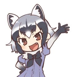 Rule 34 | 10s, 1girl, :d, animal ears, arm up, black bow, black bowtie, black gloves, black hair, bow, bowtie, brown eyes, common raccoon (kemono friends), doremifa rondo (vocaloid), extra ears, fang, fur collar, gloves, grey hair, hand on own hip, kemono friends, looking at viewer, multicolored hair, official art, open mouth, raccoon ears, short hair, short sleeves, simple background, smile, solo, tama (songe), vocaloid, white background
