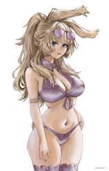 1girl animal_ears atiarta7 bikini blonde_hair blue_eyes breasts cleavage commission cowboy_shot eyewear_on_head final_fantasy final_fantasy_xiv highres large_breasts long_hair looking_at_viewer mole mole_under_mouth navel ponytail purple_bikini purple_thighhighs rabbit_ears rabbit_tail swimsuit tail thighhighs viera warrior_of_light_(ff14) white_background