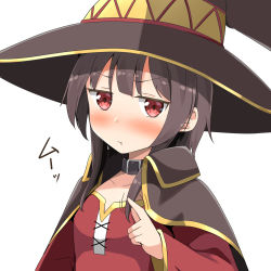 Rule 34 | 1girl, :t, aikawa ryou, belt collar, black collar, blush, breasts, brown cape, brown hair, brown hat, cape, closed mouth, collar, collarbone, commentary request, dress, hat, highres, kono subarashii sekai ni shukufuku wo!, long hair, long sleeves, looking at viewer, megumin, nose blush, red dress, red eyes, sidelocks, simple background, small breasts, solo, translation request, v-shaped eyebrows, wavy mouth, white background, witch hat
