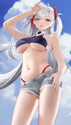 Rule 34 | 1girl, :o, arm up, azur lane, bare arms, bikini, bikini under clothes, breasts, brown eyes, closed mouth, cowboy shot, hand on own head, large breasts, light blush, long hair, looking at viewer, multicolored hair, navel, open mouth, preview (preview0), prinz eugen (azur lane), prinz eugen (final lap) (azur lane), red bikini, red hair, short shorts, shorts, sky, solo, stomach, streaked hair, swimsuit, thighs, twintails, two-tone hair, underboob, white hair