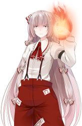 Rule 34 | 1girl, angry, bow, crote, embellished costume, eyelashes, female focus, fire, frills, fujiwara no mokou, hair bow, hands in pockets, highres, long hair, looking at viewer, red eyes, silver hair, smile, solo, suspenders, touhou, transparent background, very long hair