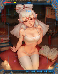 Rule 34 | 1girl, blush, book, breasts, candle, cleavage, crop top, facial mark, forehead mark, full body, groin, hair ornament, health bar, heart, kittew, lips, long hair, looking at viewer, medium breasts, navel, nintendo, panties, parted lips, paya (zelda), pillow, pointy ears, recording, red eyes, seiza, sitting, solo, the legend of zelda, the legend of zelda: breath of the wild, underwear, white hair, white legwear, white panties