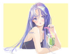 Rule 34 | 1girl, black camisole, blue eyes, blue hair, blush, camisole, drink, drinking straw, highres, long hair, monchi (dldrmfi), original, parted bangs, parted lips, simple background, solo, upper body, yellow background