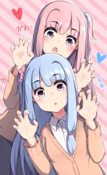Rule 34 | 2girls, blue hair, blue scrunchie, blush, brown cardigan, cardigan, collared shirt, d:, gao, hair ornament, hair scrunchie, hands up, heart, kotonoha akane, kotonoha aoi, long hair, long sleeves, looking at viewer, multiple girls, one side up, open mouth, outline, paingumi, pastel colors, pink background, pink eyes, pink hair, pink scrunchie, scrunchie, shirt, siblings, sisters, striped, striped background, sweat, voiceroid, white outline, white shirt