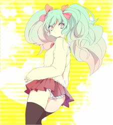 Rule 34 | 1girl, ass, bad id, bad pixiv id, female focus, from behind, green hair, hair ribbon, hatsune miku, long hair, looking back, motamota, panties, pantyshot, ribbon, school uniform, skirt, solo, striped clothes, striped panties, sweater, thighhighs, twintails, underwear, vocaloid