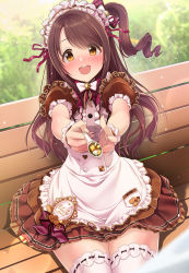 Rule 34 | 1girl, :d, alternate costume, apron, badge, bench, blurry, blurry background, blush, bow, bowtie, brown eyes, brown hair, brown skirt, buttons, character name, commentary request, cookie, cowboy shot, curry, dress, enmaided, falling petals, feeding, field, food, frilled dress, frilled sleeves, frills, grass, hair ornament, hair ribbon, highres, holding, holding spoon, idolmaster, idolmaster cinderella girls, layered skirt, lens flare, long hair, looking at viewer, maid, maid apron, maid headdress, mk (mod0), nose blush, open mouth, outstretched arms, petals, puffy short sleeves, puffy sleeves, ribbon, ribbon-trimmed legwear, ribbon trim, round teeth, shimamura uzuki, short sleeves, side ponytail, sidelocks, sitting, skirt, smile, solo, spoon, striped, swept bangs, tareme, teeth, thighhighs, thighs, upper teeth only, wavy hair, white apron, white bow, white bowtie, white thighhighs, wrist cuffs
