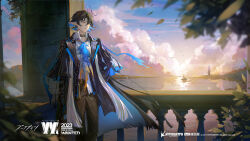 Rule 34 | 1boy, ahoge, arknights, ascot, bag, bird, black coat, black gloves, black hair, blue ascot, blue hair, blurry, bright pupils, brown pants, cloud, coat, collared shirt, colored inner hair, copyright name, copyright notice, depth of field, earrings, falling leaves, feet out of frame, freckles, gloves, hair between eyes, highres, holding, holding bag, infection monitor (arknights), jewelry, kkia, leaf, lighthouse, long sleeves, looking back, lumen (arknights), male focus, mountain, multicolored hair, ocean, official art, open clothes, open coat, open collar, orange eyes, pants, parted lips, plant, pointy ears, railing, shell, shell earrings, ship, shirt, shirt partially tucked in, short hair, solo, standing, stole, town, two-tone hair, watercraft, white pupils, white shirt