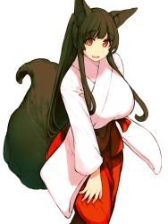 Rule 34 | 1girl, animal ears, bad id, bad pixiv id, breasts, brown hair, fox ears, fox girl, fox tail, highres, huge breasts, japanese clothes, long hair, looking at viewer, miko, mogu (kanikama mgmg), original, red eyes, simple background, smile, solo, tail, white background