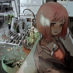 Rule 34 | 1girl, blush, bob cut, bra strap, brown coat, brown eyes, camisole, coat, digital thermometer, fever, from side, kukka, looking at viewer, medium hair, open clothes, open coat, original, parted lips, pink hair, pink pupils, plant, potted plant, sitting, solo, sweat, symbol-shaped pupils, thermometer, towel, towel on head