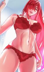 Rule 34 | 1girl, absurdres, bra, breasts, commentary request, fate/grand order, fate (series), from below, groin, hair over one eye, highres, lace, lace-trimmed bra, lace-trimmed panties, lace trim, large breasts, lips, long hair, looking at viewer, navel, oda nobunaga (fate), oda nobunaga (maou avenger) (fate), panties, red eyes, red hair, red lips, smile, smirk, solo, teeth, thighs, underwear, underwear only, very long hair, wwkp (akisenpai9999)