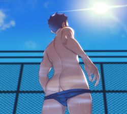 Rule 34 | 1boy, ass, back, black hair, blue male underwear, briefs, cloud, day, highres, ibarakidoujin, male focus, male underwear, male underwear pull, nude, original, outdoors, short hair, sky, solo, sunlight, thick thighs, thighs, underwear