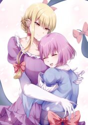 Rule 34 | 2girls, blonde hair, bow, braid, breasts, choker, cleavage, closed mouth, commentary, dress, elbow gloves, french braid, gap (touhou), gloves, hair bow, highres, hug, large breasts, looking at another, mirufui, multiple girls, pink hair, purple dress, red bow, red choker, saigyouji yuyuko, short hair, short sleeves, sidelocks, smile, touhou, upper body, white gloves, yakumo yukari, yellow eyes, yuri
